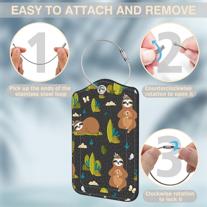 2 Pack Yoga Luggage Tags for Suitcases Funny Sloths Leather Luggage Tags Privacy Cover ID Label with Stainless Steel Loop and Address Card for Women Men Travel Bag Backpack