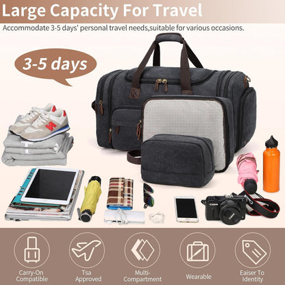 Mens Duffle Bag for Travel 3Pcs Set Travel Bags for Men 60L Expandable Canvas Bag (Dark Gray)
