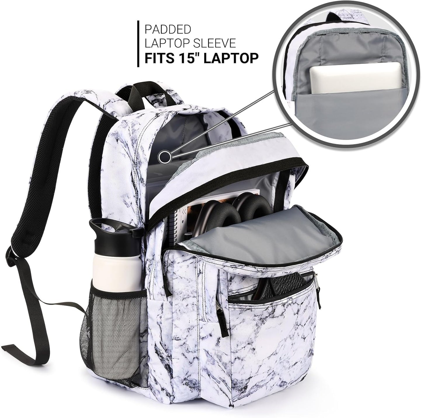 ZORFIN 26L Backpack for College, and Travel: Water Resistant Bookbag - Marble