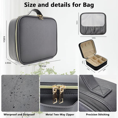 Travel Makeup Bag with LED Mirror with 3 Lighted Settings, Adjustable Dividers, Makeup Brush Storage Bag and Jewelry Case Black