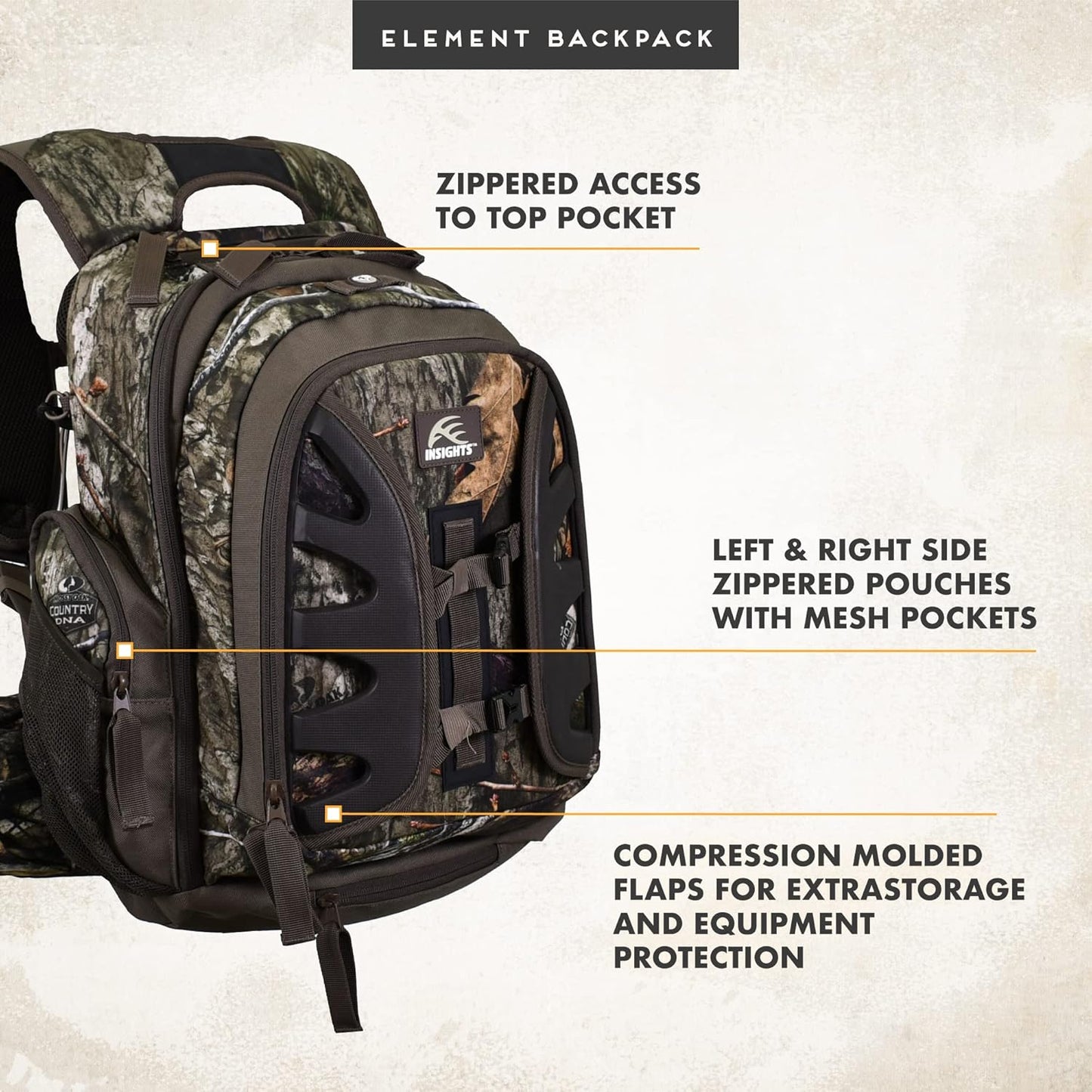Insights Hunting by frogg toggs - The Element, Heavy Duty 1,831 Cubic Inch Hiking Fishing Camping Hunting Backpack, Mossy Oak DNA