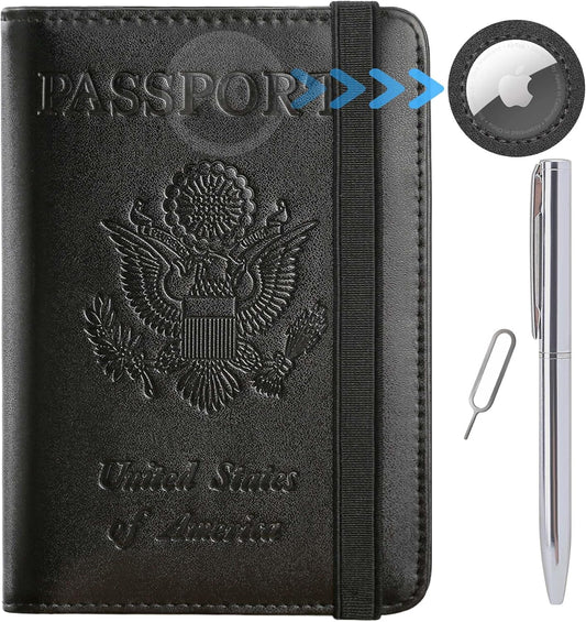 Airtag Passport Holder Cover Wallet Travel Essentials RFID Blocking Leather Card Case International Must Haves Travel Accessories for Women Men(119#Black)
