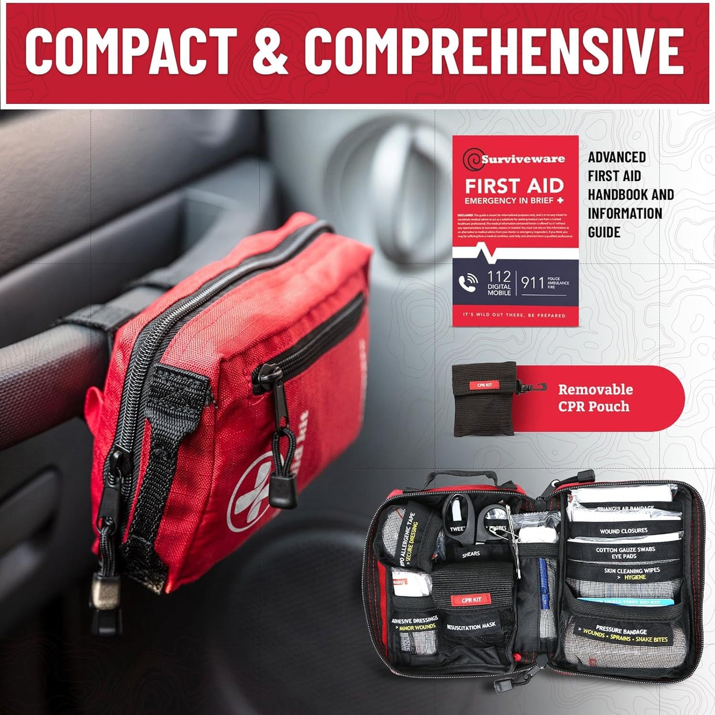 Surviveware 98 Pcs Comprehensive Premium Survival First Aid Kit - Medical Emergency Kit for Travel Camping Gear, Home Essentials & Outdoor Emergencies - HSA & FSA Eligible Survival Kit