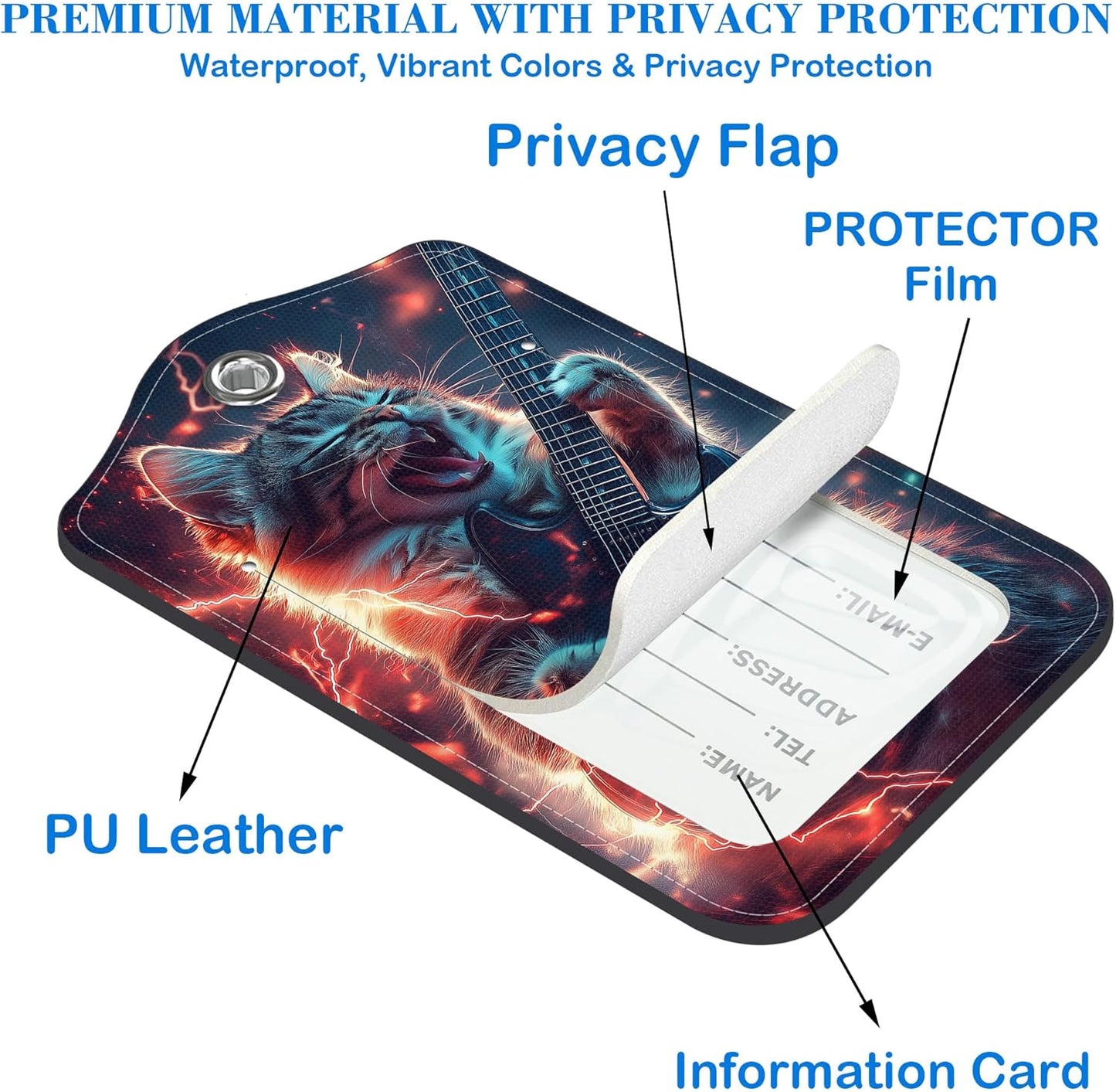 Cat Playing Electric Guitar Luggage Tags for Suitcases Leather Travel Tags for Luggage ID Label with Privacy Cover and Stainless Steel Loop for Men Women Suitcase Backpack, Set of 2