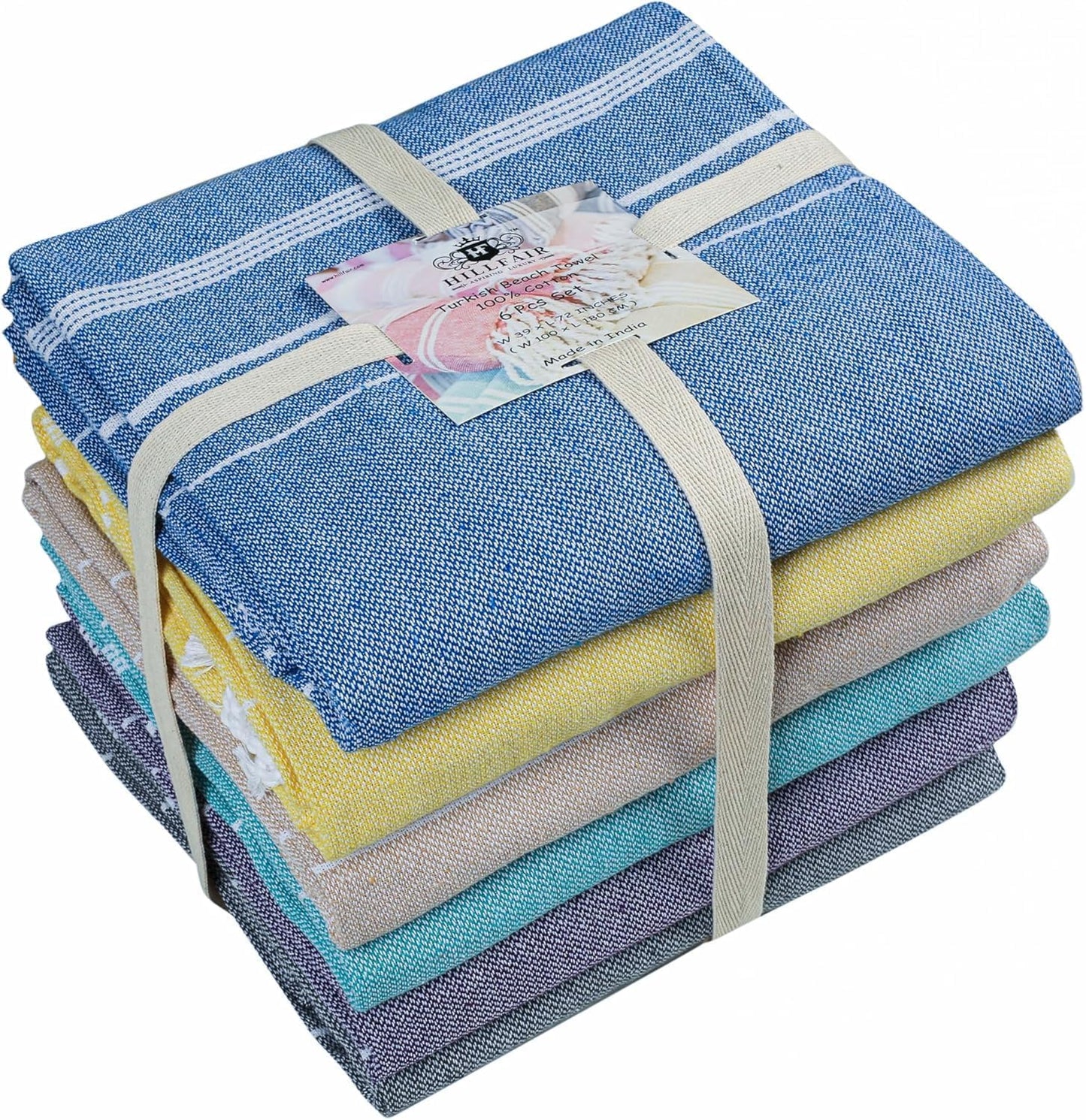 HILLFAIR Cotton Turkish Beach Towels- Lightweight Sand Free Peshtemal Hammam Towels for Bath Swim Yoga Spa- XXL Oversized Beach Towel (39 x 72 inch - 6 Pack Multicolor)