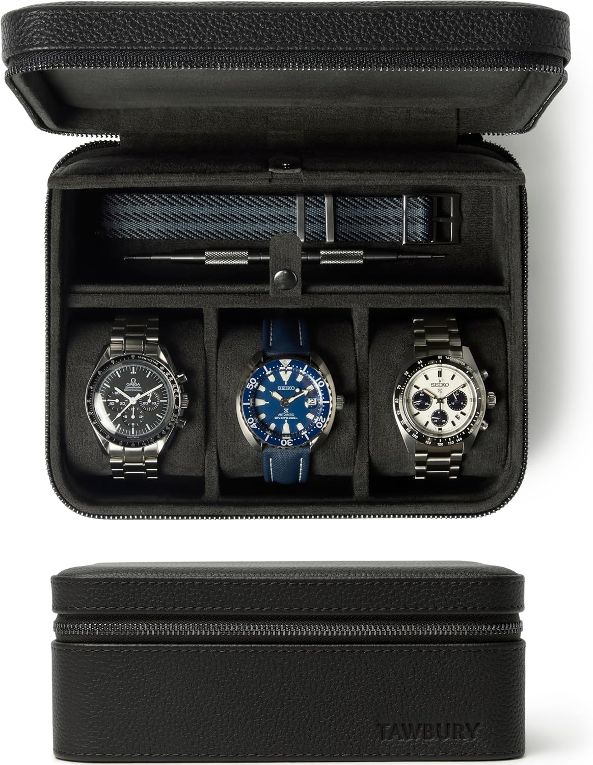 TAWBURY 3 Slot Watch Case Plus Storage – Luxury Leather Watch Travel Case for Men | Black Watch Cases for Men Travel | Traveling Watch Holder for Men | Black Watch Roll Case | 3 Watch Box for Men