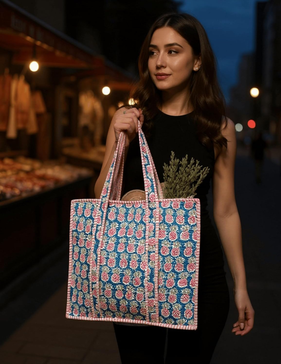 Cotton Quilted Tote Bag for Women – Large Beach & Travel Tote with Zipper, Reusable Grocery Bag