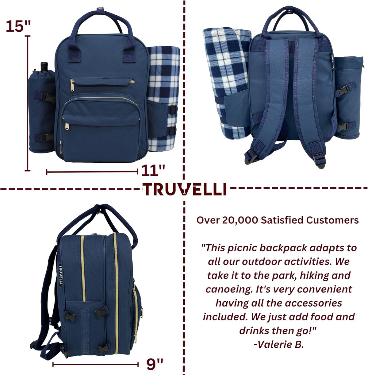 Truvelli Picnic Backpack for 4 with Blanket – 12-in-1 Insulated Picnic Basket Backpack Set with‬ Wine Holder, Cheese Board & Cutlery – Premium Picnic Back Pack for Family & Group‬ Adventures, Blue