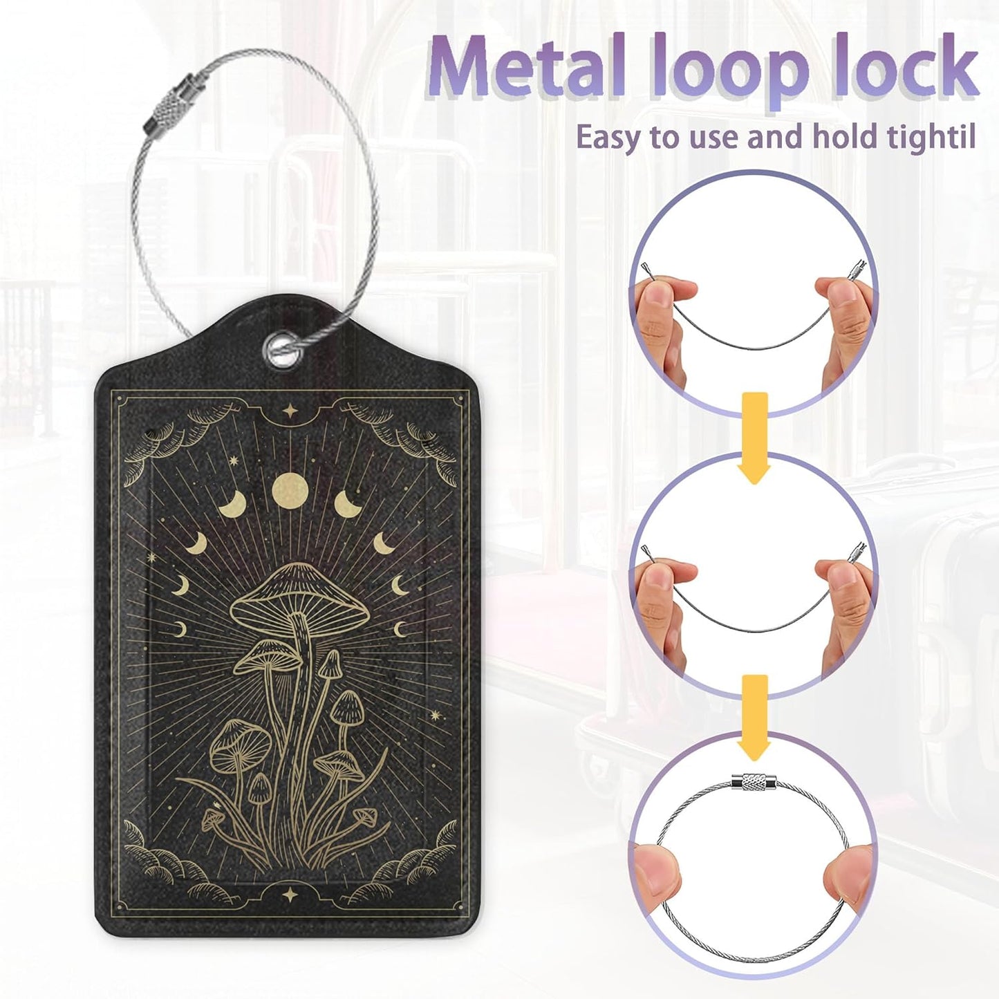 Zodiac Moon Phase Luggage Tag for Suitcase, Mushroom Luggage Tag with Privacy Flap & Name ID Label & Metal Loop, Travel Suitcase Tags for Women