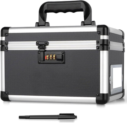 10.2 x 7 x 7.5 Inch Lockable Storage Box with Combination Lock, Portable Safe for Documents, Medicine, Cash & Valuables, Medicine Lock Box with Label Slot for Home, Office & Travel - Black