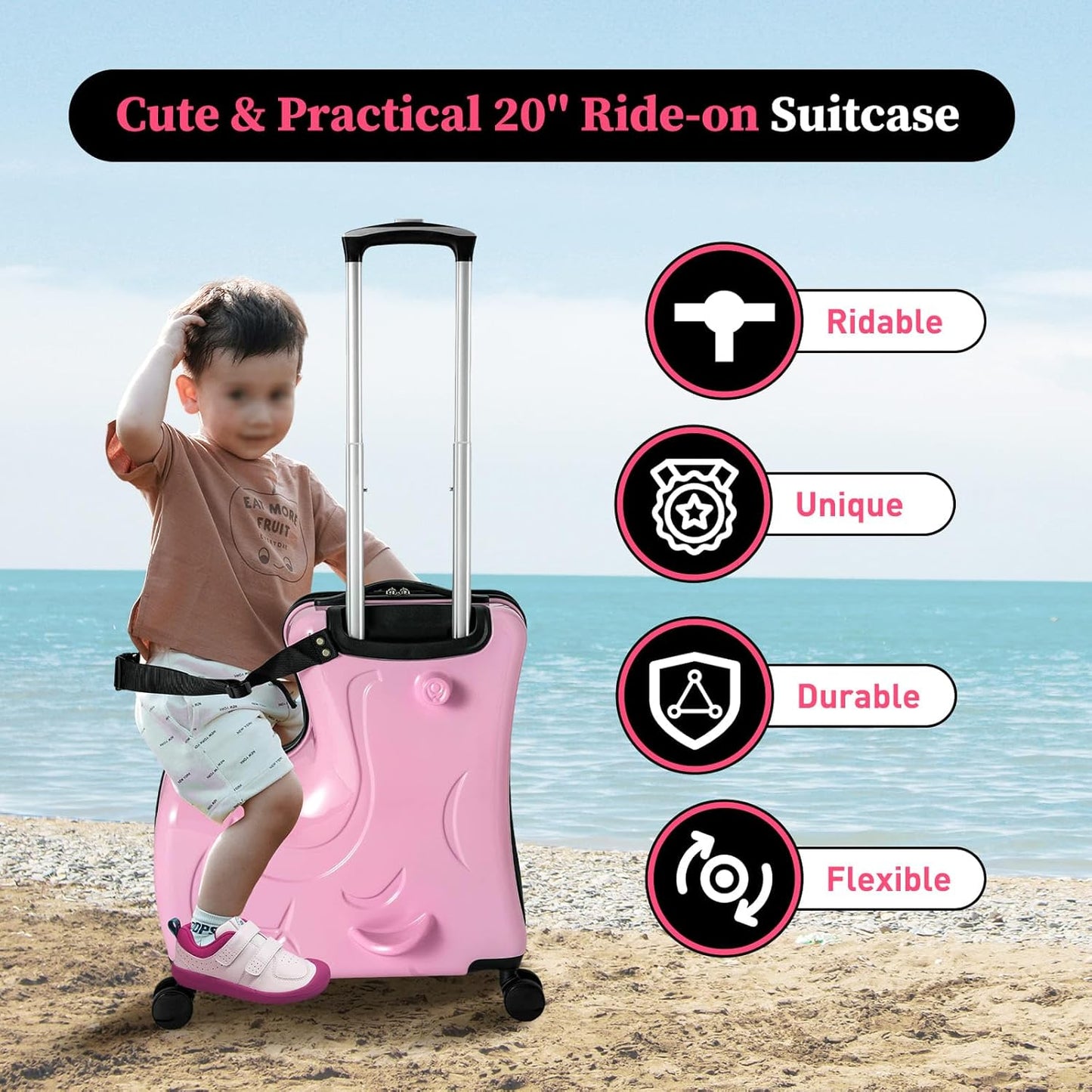 20 Inch Children's Ride On Trolley, Toddler Luggage Seat Ride with Lock, Kid's Ride-on Travel Suitcase with Spinner Wheels, Kids Travel Trolley Riding Luggage Suitcase for Boys Girls Gift, Pink