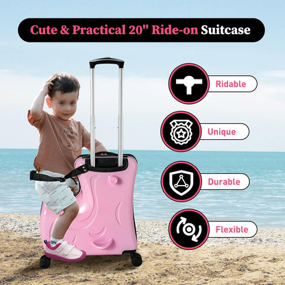 20 Inch Children's Ride On Trolley, Toddler Luggage Seat Ride with Lock, Kid's Ride-on Travel Suitcase with Spinner Wheels, Kids Travel Trolley Riding Luggage Suitcase for Boys Girls Gift, Pink