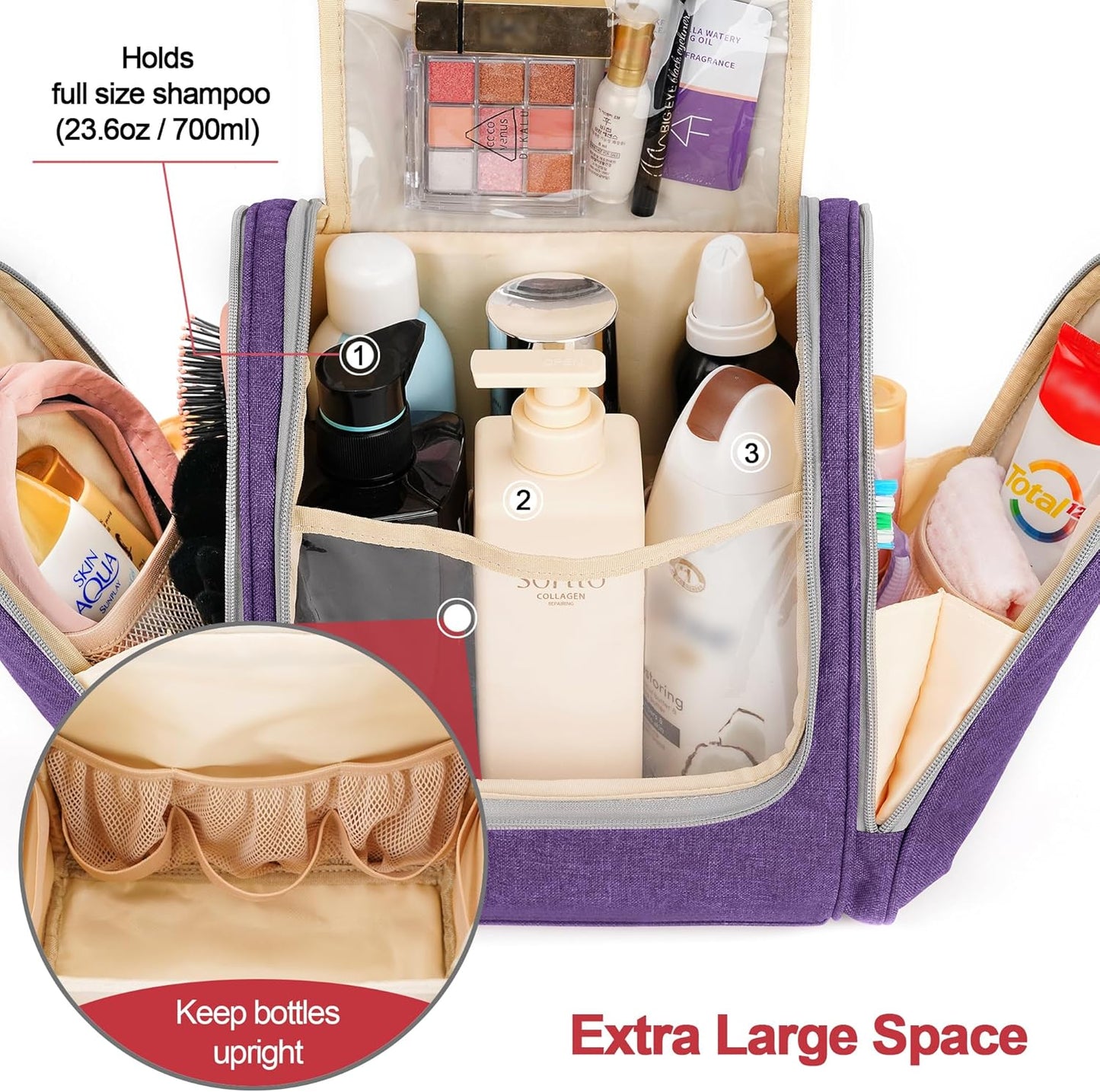 Extra Large Toiletry Bag for Women and Men, 6 Organizer Compartments, Holds Full Size Shampoo, with Hanging Hook Cosmetic Bag, Travel Makeup Bag, Bathroom Water-resistant Toiletries Bag, Purple