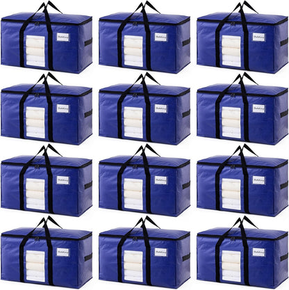 TAILI 12 Pack Dark Blue Extra Large Moving Bags, Heavy Duty Totes with Visible Window, Wrap Around Handles, Great for Space-Saving