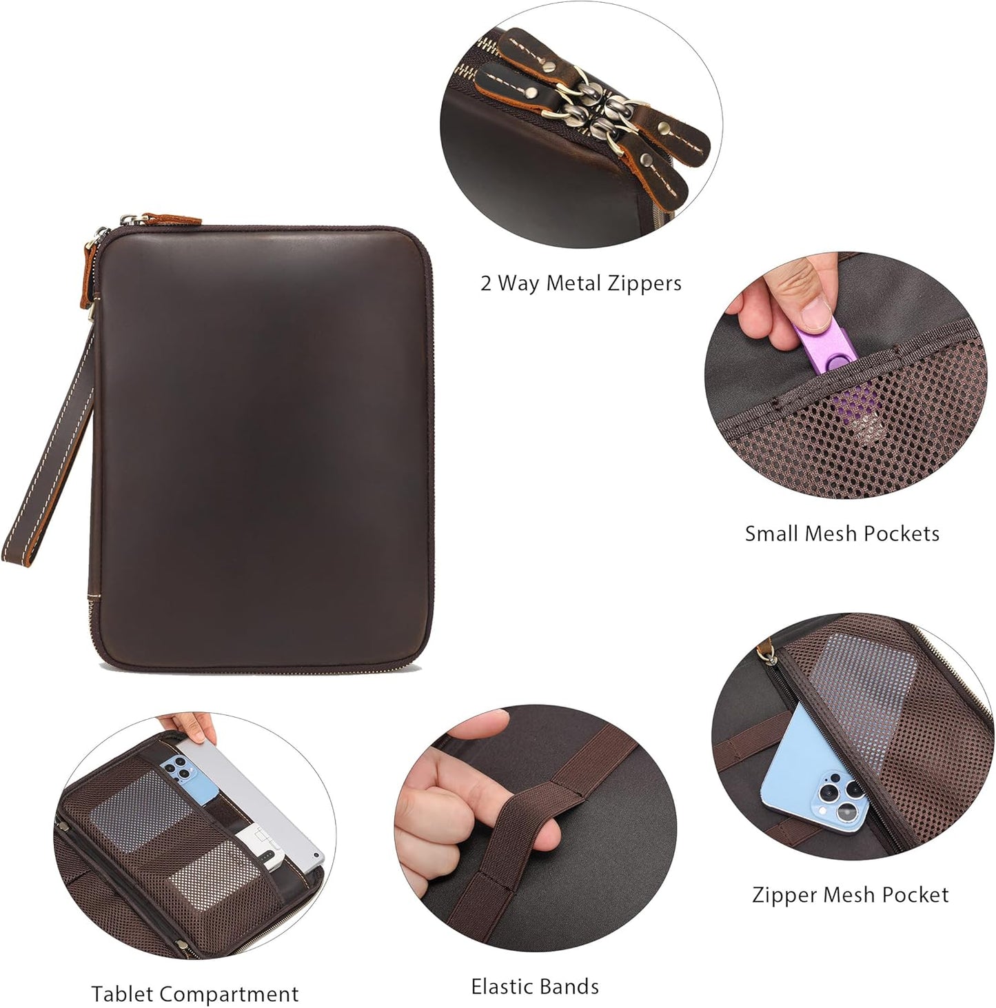LANNSYNE Full Grain Leather Travel Cable Accessories Bag, Electronic Organizer Carry Case Double Layer Storage Case for Cables, Charger, Phone, Power Bank