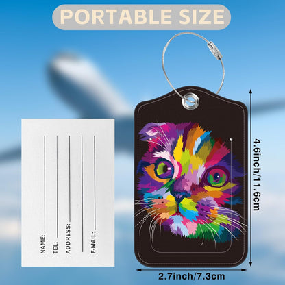 2 Pcs Cute Cat Luggage Tags for Suitcases PU Leather Colorful Art Kitten Animal Baggage Tags Name ID Label with Privacy Cover and Stainless Steel Loop for Men Women Travel Bag Suitcase