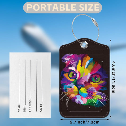 2 Pcs Cute Cat Luggage Tags for Suitcases PU Leather Colorful Art Kitten Animal Baggage Tags Name ID Label with Privacy Cover and Stainless Steel Loop for Men Women Travel Bag Suitcase