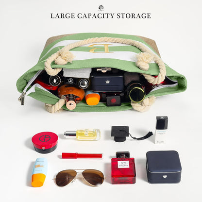 YOOLIFE Initial Canvas Waterproof Beach Tote Bag Zipper Personalized Gifts for Women Her Birthday Travel Beach Essential