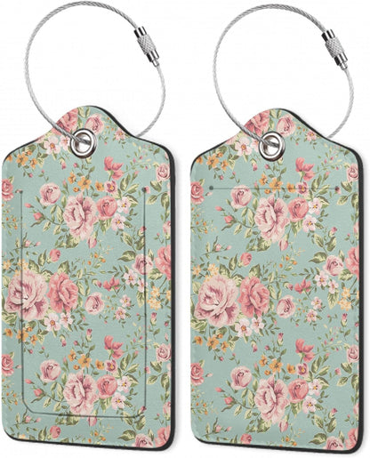 2Pcs Luggage Tag for Suitcase Vintage Floral Shabby Chic Pink Rose Cute Suitcase Tag with Privacy Flap & Name ID Label & Metal Loop,Travel Bag Luggage Tags for Women