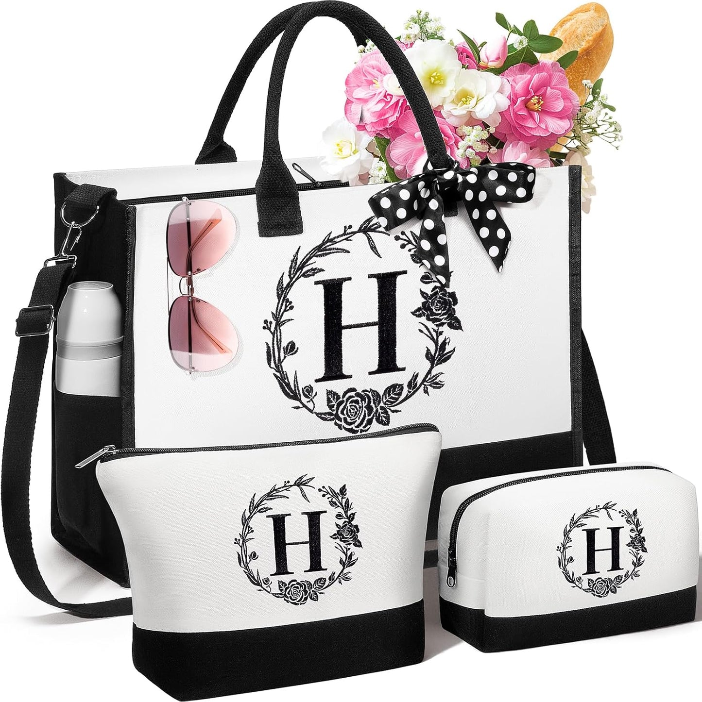 Personalized Mothers Day Gifts for Mom Women, Initial Canvas Tote Bag & Makeup Bag Monogrammed Beach Tote Bag for Women w/Zipper, Birthday Gifts for Her Wife Sister Friend Daughter Teacher Nurse