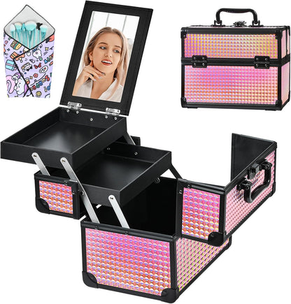 Makeup Case Organizer,Makeup Train Case, Trays Cosmetic Box Portable, Profesional for Salon Barber,Black Bright Pink