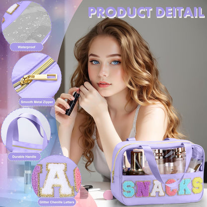 Snack Bag for Travel - Chenille Letter Clear Makeup Bag, Large Preppy Patch Snack Cosmetic Bag with Handle and Zipper, Cute Makeup Pouch Nylon&PVC Waterproof Toiletry Organizer Storage for Women Girls