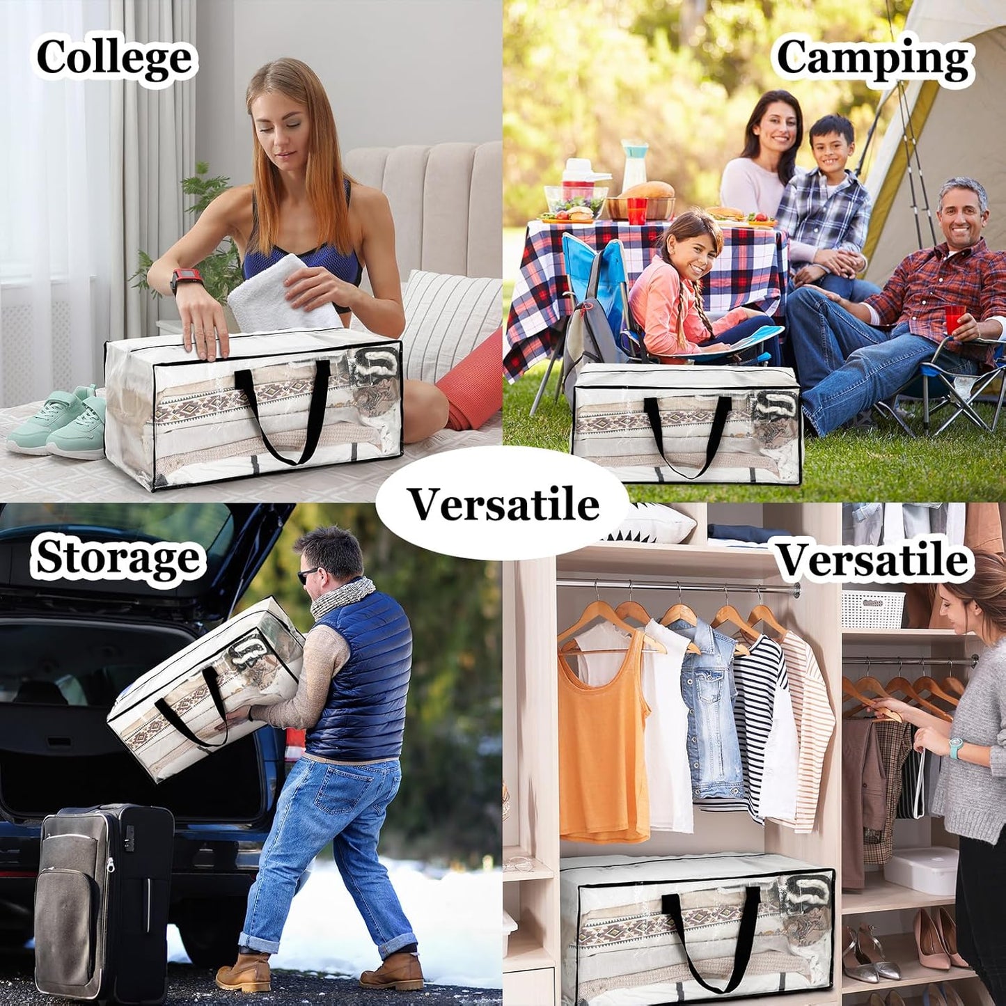 4 Pcs 24 Gallon Large Moving Bags with Zipper and Handles Foldable Storage Duffle Bags Heavy Duty Extra Large Totes for College Dorm Travel Clothes Blankets Bedding Moving (Clear)