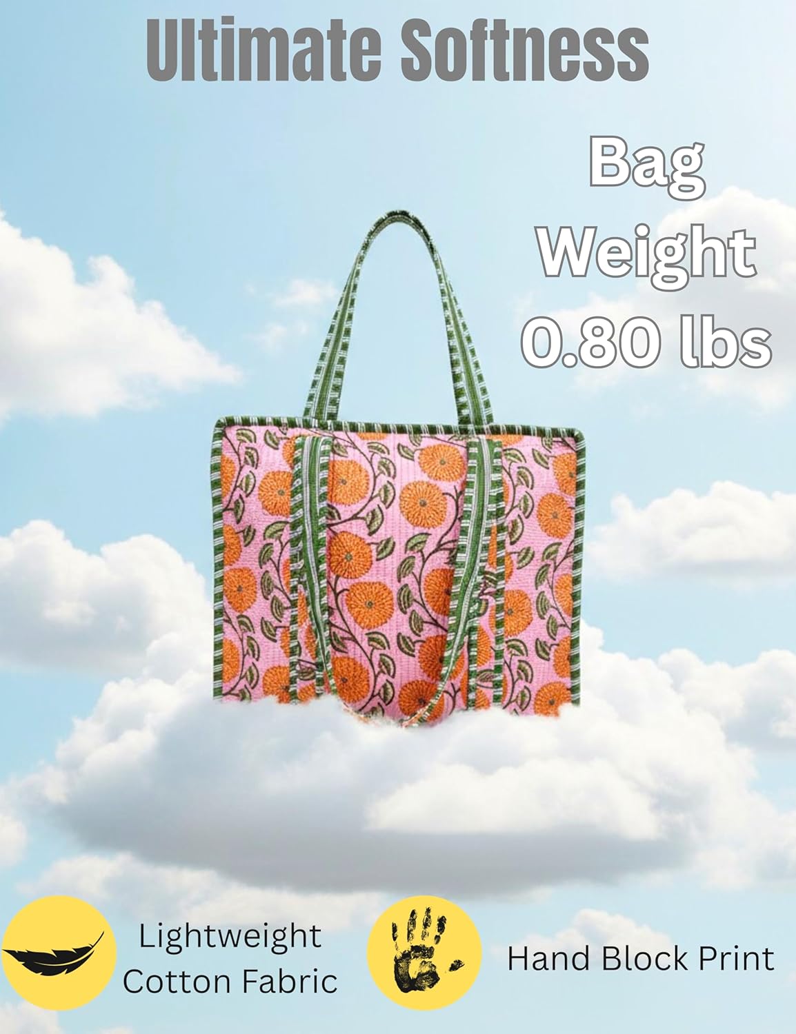 Cotton Quilted Tote Bag for Women – Large Beach & Travel Tote with Zipper, Reusable Grocery Bag