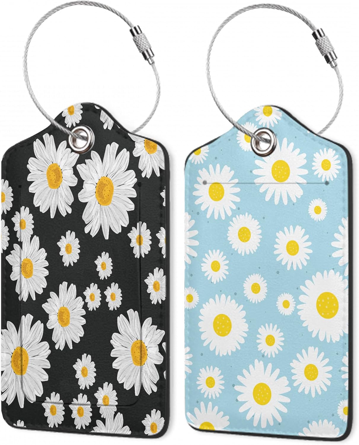 Daisies Luggage Tags,2 Pack Luggage Tag,Leather Privacy Cover ID Label with Stainless Steel Loop for Women Men Kids Girls Travel