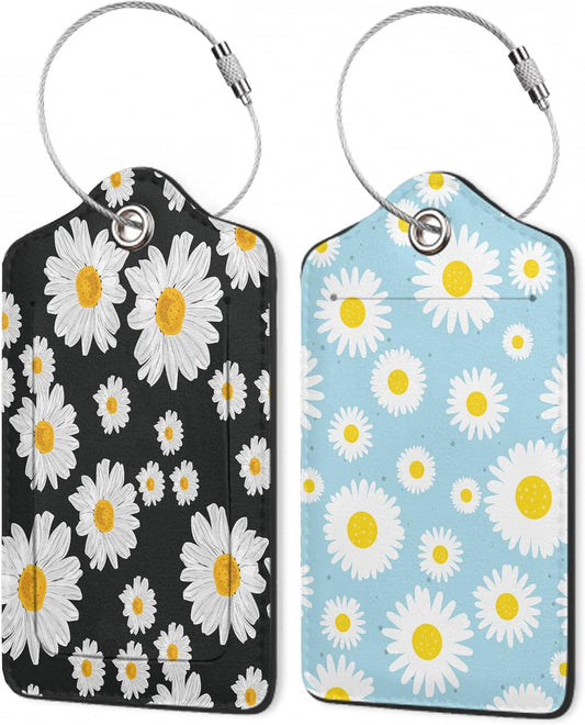 Daisies Luggage Tags,2 Pack Luggage Tag,Leather Privacy Cover ID Label with Stainless Steel Loop for Women Men Kids Girls Travel