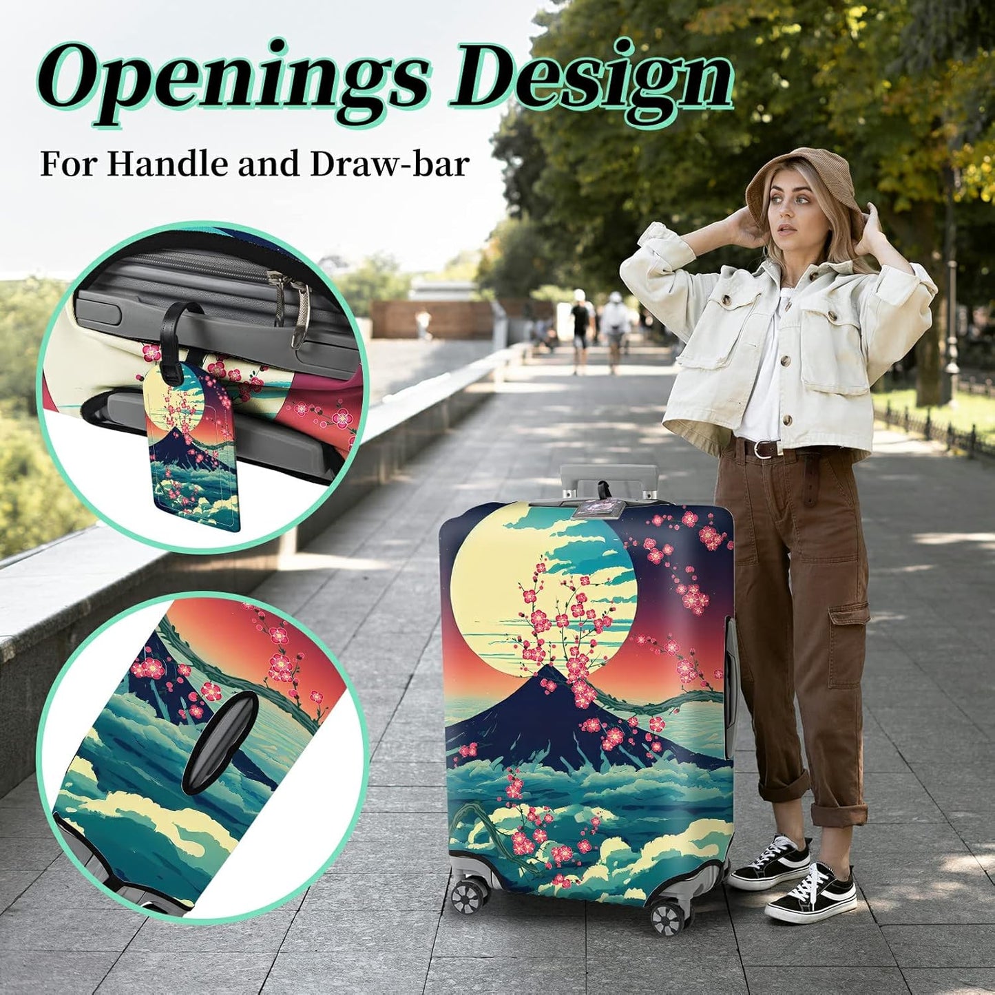 Luggage Cover Suitcase Protector + Luggage Tag, Landscapes Sakura Mount Fuji Travel Suitcase Cover for 18-20 inch Luggage (S) with Concealed Zipper Washable Elastic Cloth Dustproof Anti-Scratch