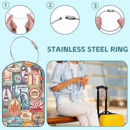 Travel Stamp Luggage Tag for Suitcase Set of 2 PU Leather Cute Luggage Tags with Stainless Metal Loop ID Label Privacy Flap Suitcase Tags for Women and Men Travel