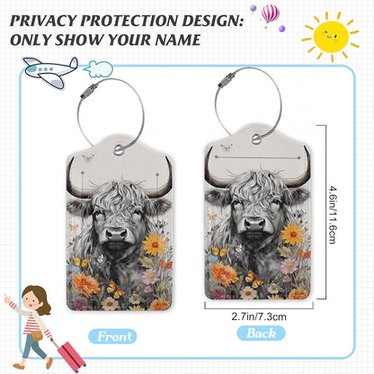 3 Pack Luggage Tag for Suitcase,Highland Cow Leather Luggage Tags with Privacy Cover Name ID Label Identifiers Travel Bag Tags for Women Men Boys Girls