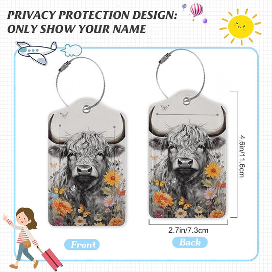 3 Pack Luggage Tag for Suitcase,Highland Cow Leather Luggage Tags with Privacy Cover Name ID Label Identifiers Travel Bag Tags for Women Men Boys Girls
