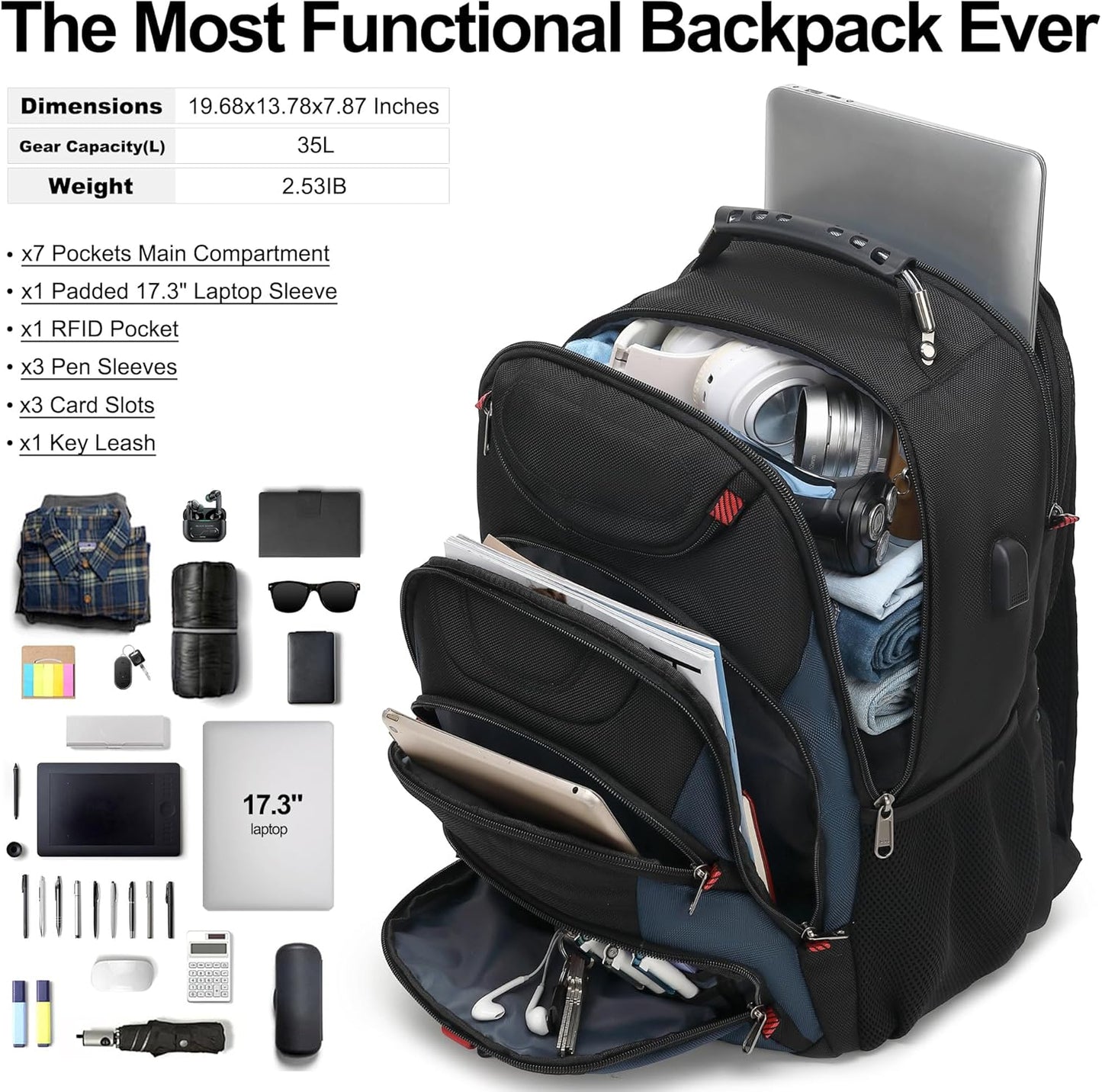 Boavan Laptop Backpack for men, 17.3 inch Laptop Bag with USB Port, Waterproof Travel Work Backpack Purse, Anti-Theft Teacher Nurse Doctor Casual Bookbags Office Business backpack，Black&Classic Navy