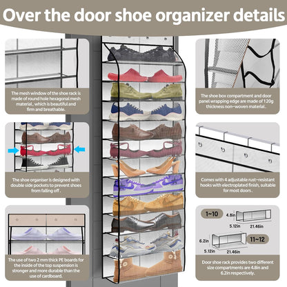 12 Pocket Over the Door Shoe Organizer,Reusable Breathable Large Mesh Bag Men's & Women's Sneaker Organizer,Shoe Organizer for Kids,Hanging Shoe Storage Hanging Bag (White)