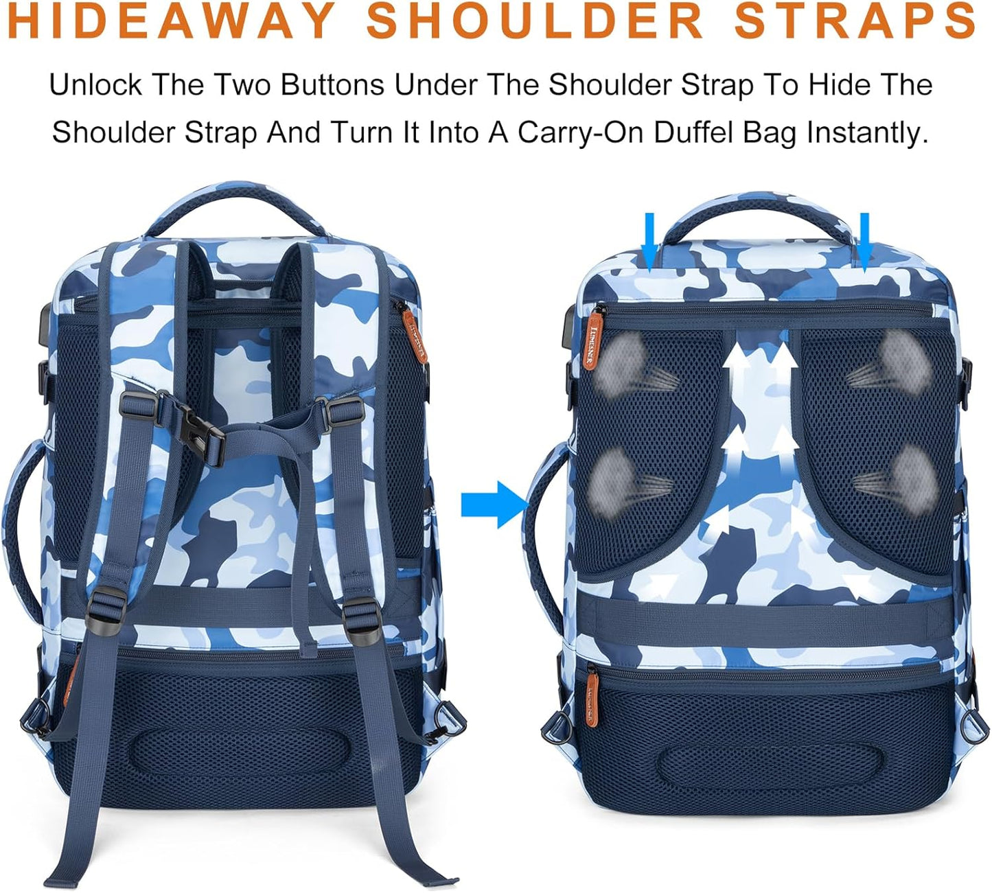 Travel Backpack 42L Carry on Backpack Flight Approved Expandable Travel Backpack Carry on Backpack Luggage Daypack (Blue Camouflage)