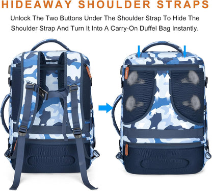 Travel Backpack 42L Carry on Backpack Flight Approved Expandable Travel Backpack Carry on Backpack Luggage Daypack (Blue Camouflage)