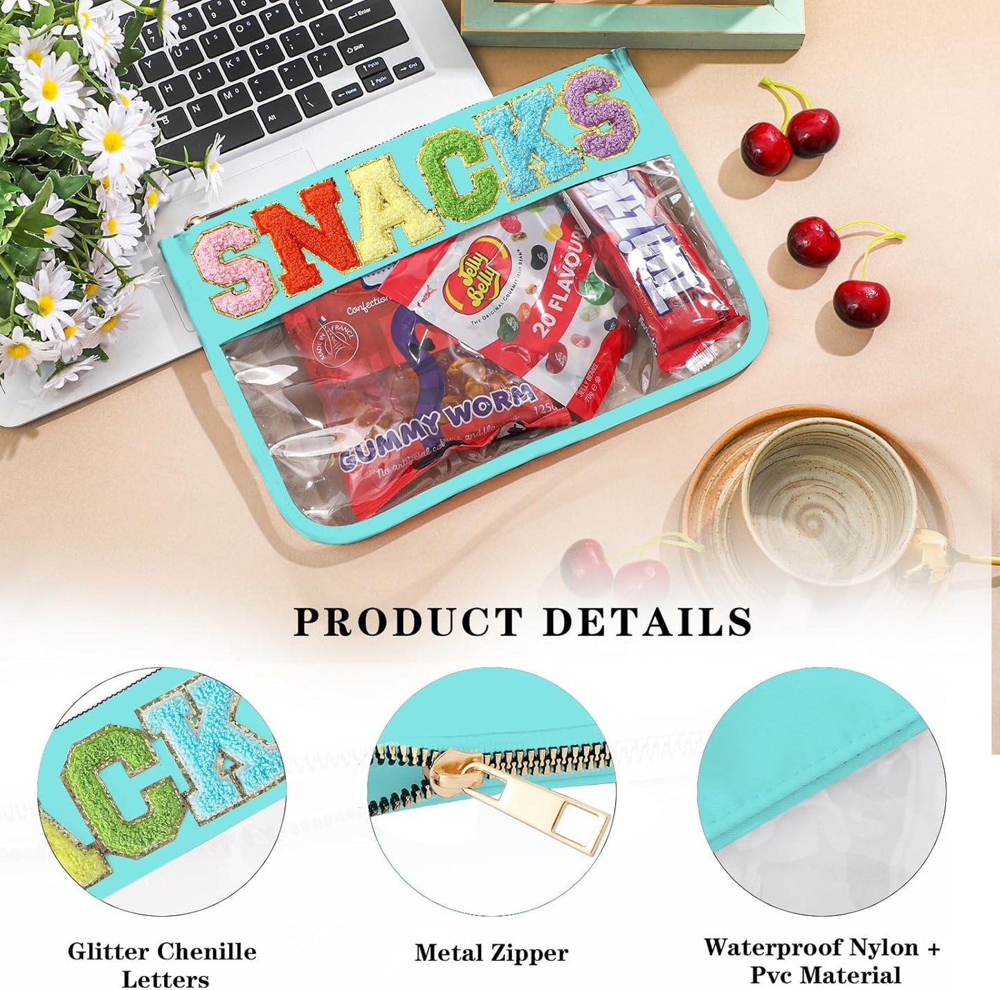 DYSHAYEN Chenille Letter Clear Zipper Pouch for Travel,Nylon Clear Cosmetic Bag,Makeup Travel Bag for Women Girls 11.8 Inches x 8.2 Inches