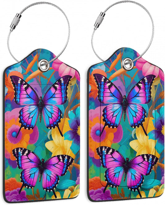 2 Pack Luggage Tag for Suitcase,Groovy Flowers Butterflies Leather Suitcase Tags Identifiers with Privacy Name Address Labels and Durable Steel Loop for Women Men Travel