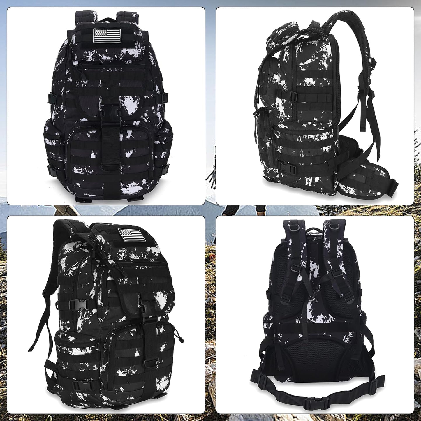 50L Military Tactical Backpack Hiking Waterproof Backpack Large Military Pack 3 Day Assault Pack Molle Bag Rucksack (Black Lightning)