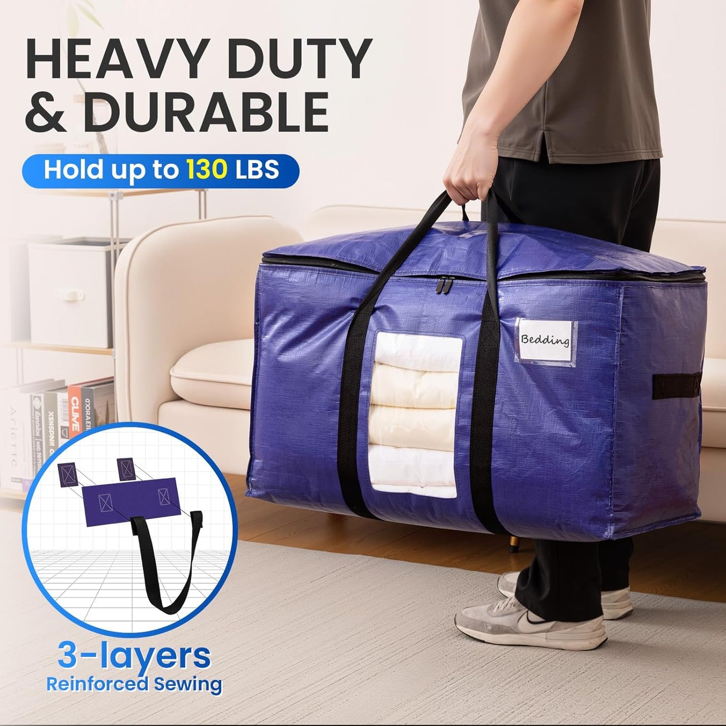 TAILI 4 Pack Dark Blue Extra Large Moving Bags, Heavy Duty Totes with Visible Window, Wrap Around Handles, Great for Storage