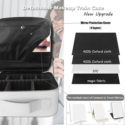 MOMIRA Travel Makeup Bag Cosmetic Bag Makeup Organizer Bag with Lighted Mirror, Adjustable Brightness in 3 Color Scenarios, Waterproof Makeup Train Case, Gift for Women - Silver