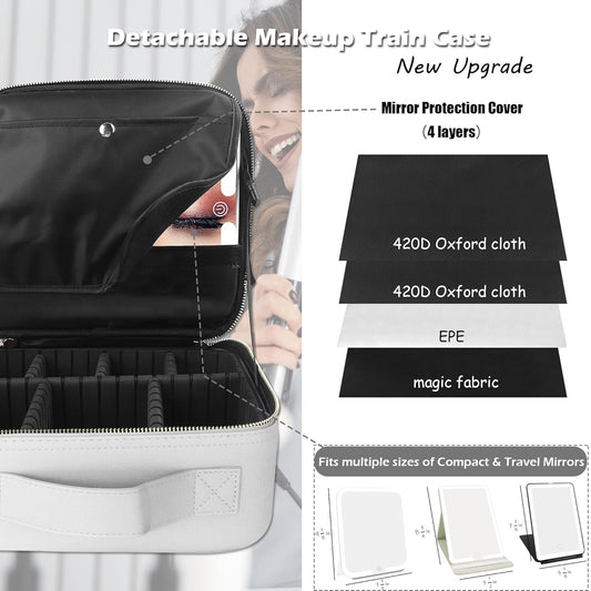 MOMIRA Travel Makeup Bag Cosmetic Bag Makeup Organizer Bag with Lighted Mirror, Adjustable Brightness in 3 Color Scenarios, Waterproof Makeup Train Case, Gift for Women - Silver