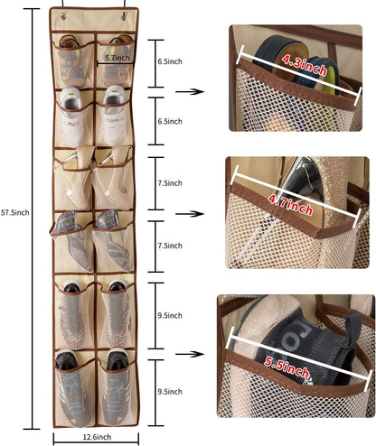 KEEPJOY Over The Door Shoe Organizer,Hanging Shoe Organizer 12 Mesh Pockets Shoe Organizer for Closet,Works Well for Men and Woman Kids Shoes Storage, 57.5×12.6inch(Beige)