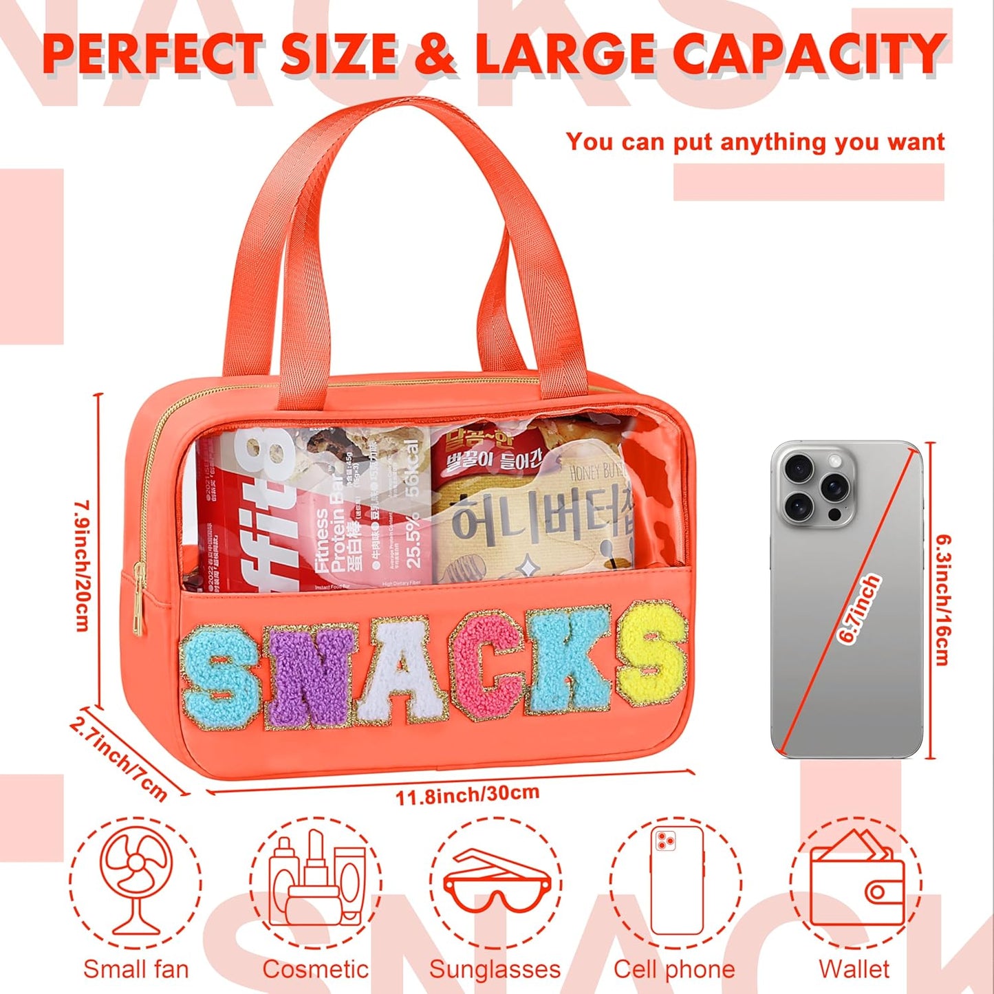 Snack Bag for Travel - Chenille Letter Clear Makeup Bag, Large Preppy Patch Snack Cosmetic Bag with Handle and Zipper, Cute Makeup Pouch Nylon&PVC Waterproof Toiletry Organizer Storage for Women Girls