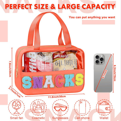 Snack Bag for Travel - Chenille Letter Clear Makeup Bag, Large Preppy Patch Snack Cosmetic Bag with Handle and Zipper, Cute Makeup Pouch Nylon&PVC Waterproof Toiletry Organizer Storage for Women Girls