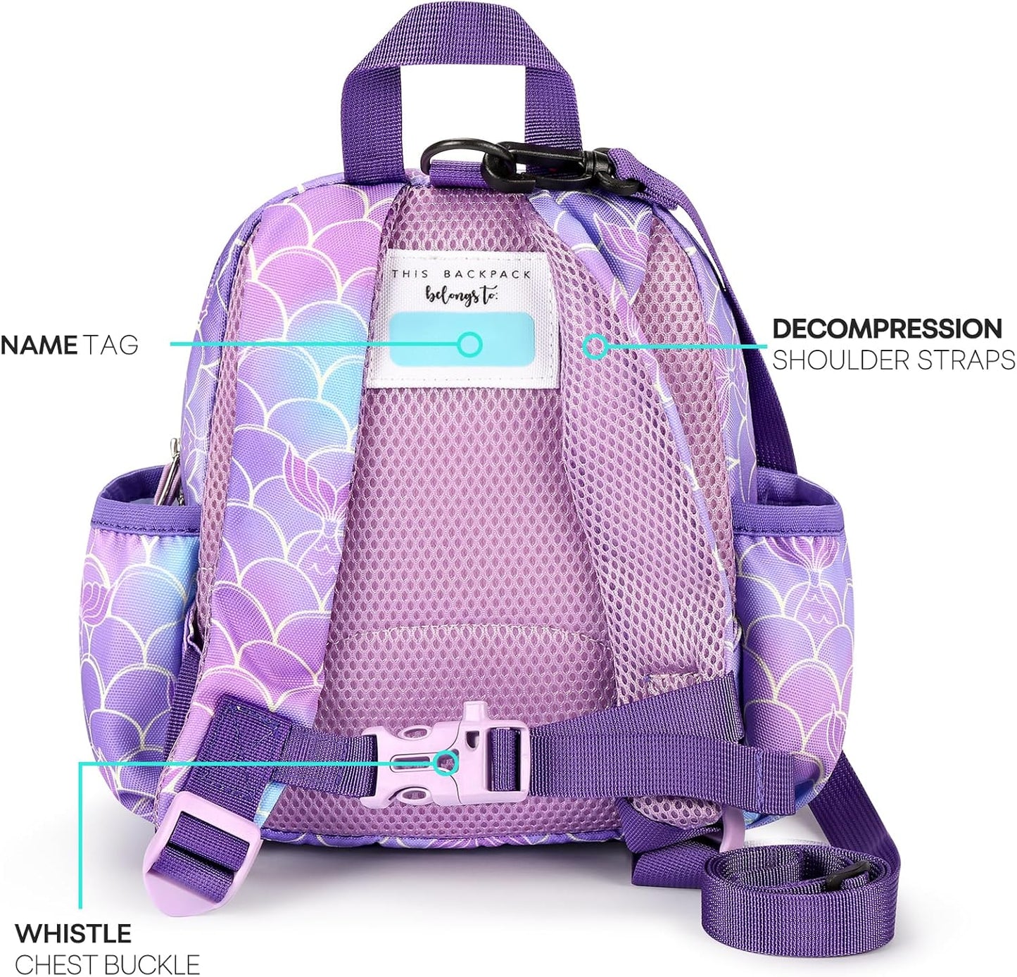 mibasies Backpack Leash for Toddlers 1-3: Baby Backpack for Girls with Anti-Lost Harness - Mermaid Purple