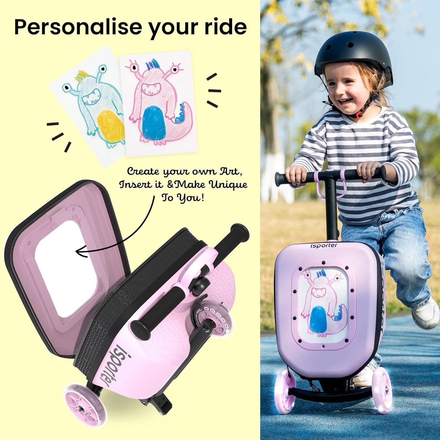 iSporter Luggage Scooter for Kids Ages 2-5 | Ride-On Suitcase Scooters for Boys Girls | Foldable & Height Adjustable, 110lbs Max