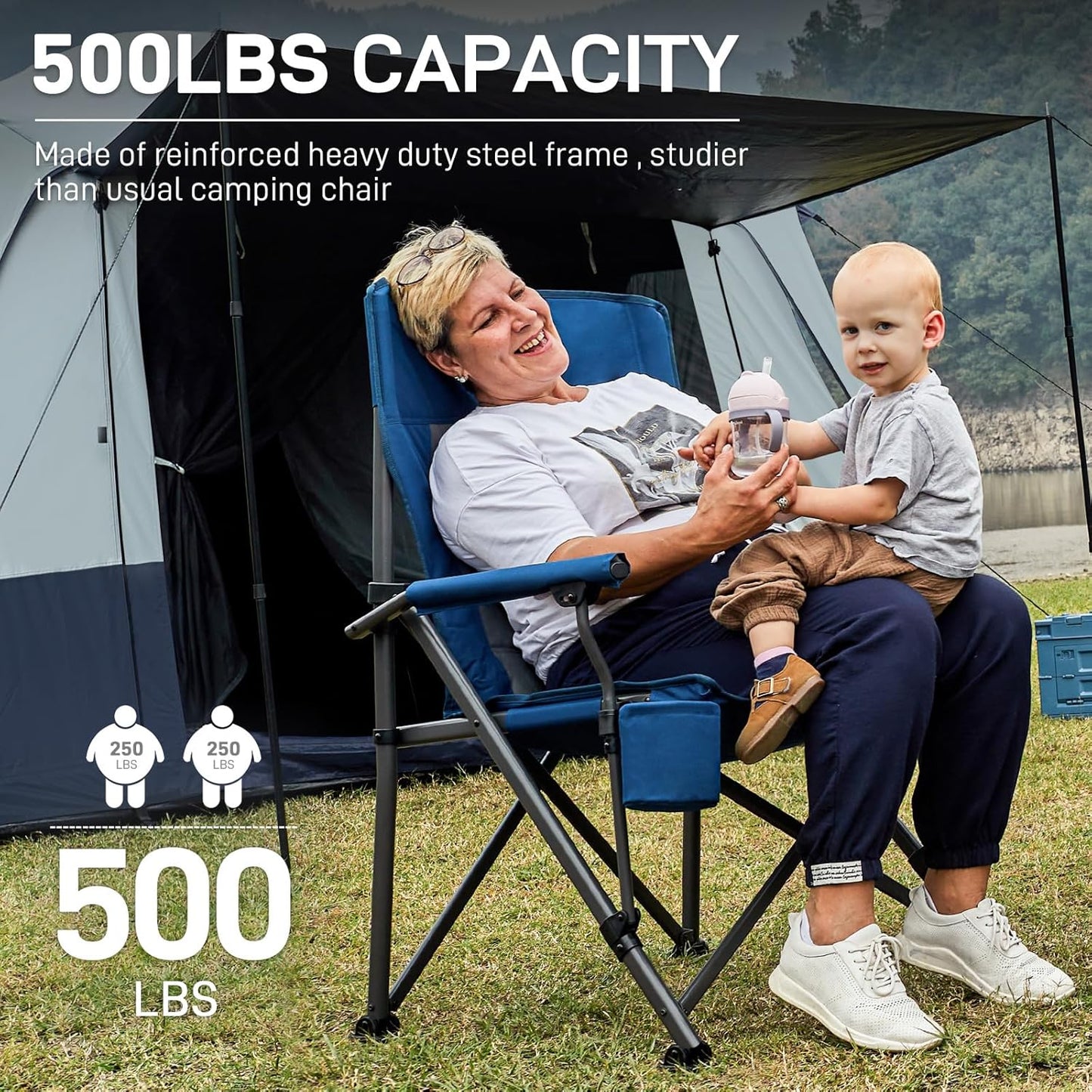 EVER ADVANCED Oversized Folding Camping Chair, for Adults Heavy Duty Lawn Chair with Side Pockets, Portable Collapsible Quad Chair for Outside, Support Up to 500lbs, Blue